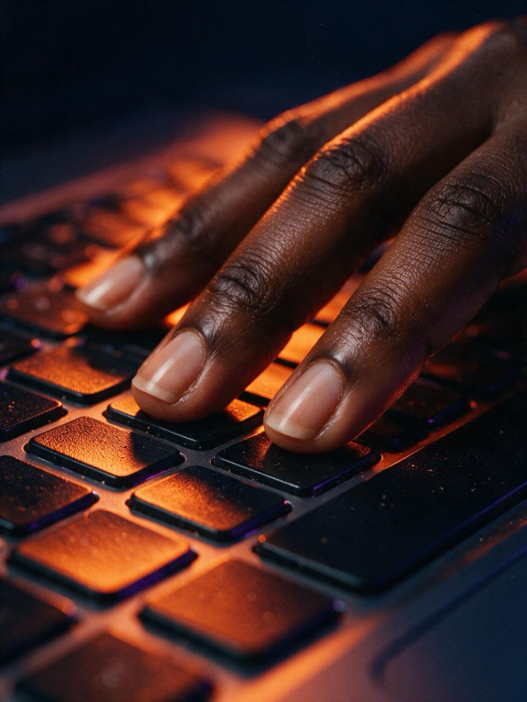 Extreme macro of fingertips on a backlit laptop keyboard