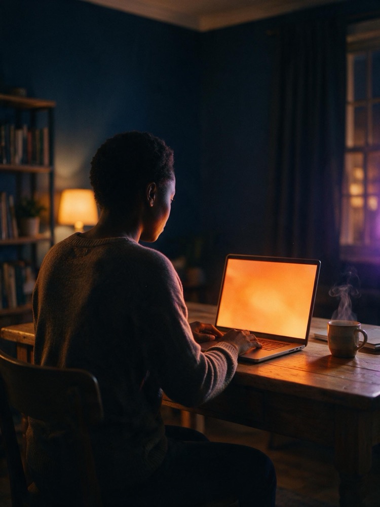 A woman at her desk at night, seen from behind, working on a glowing laptop